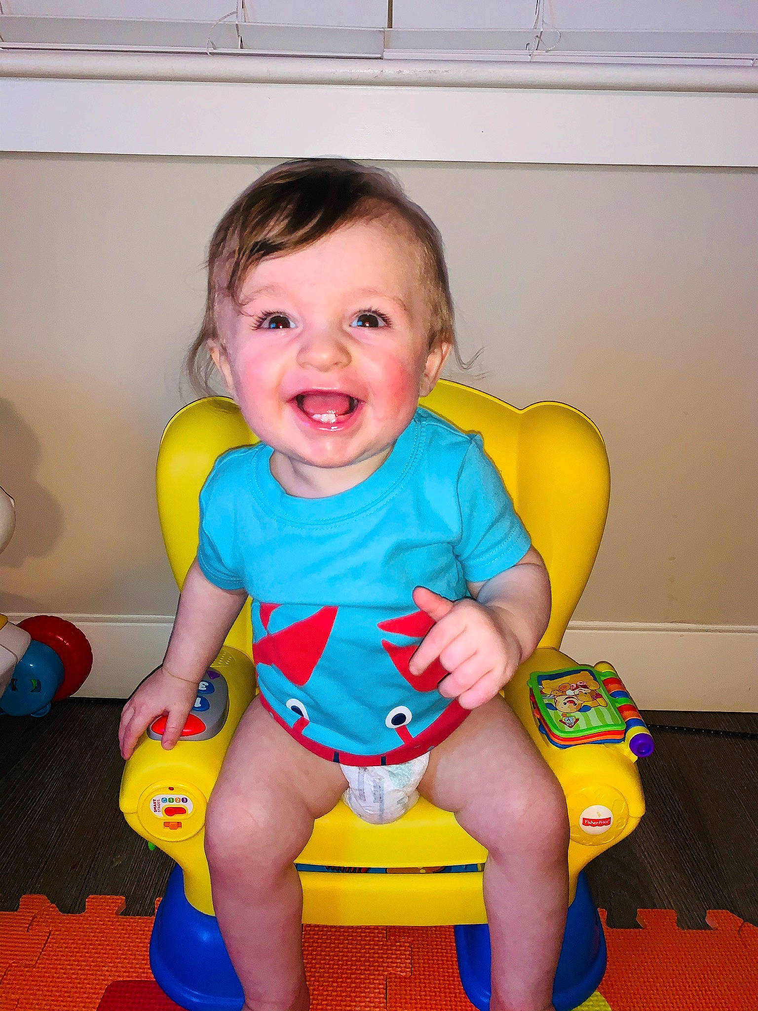 Daximus joined the competition — help win amazing prizes! baby, baby_playing_with_toys, baby_toddler_clothing, child, fun, person, play, potty_training, sitting, skin, smile, toddler, toy, yellow
