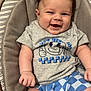 Zander is registered to the contest to win money with this photo: baby, infant, smiling, toddler, child, clothing, shirt, shorts, seat, baby_seat, happy, cute, skin, face, arm, leg, indoor, fabric, pattern, comfort