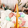 baby, basket, blanket, blurred_background, colorful, cozy, cute, easter_eggs, foot, hand, hat, indoor, infant, newborn, onesie, peaceful, resting, sleeping, soft, toy