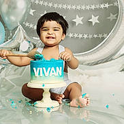 Vivan joined the competition — help win amazing prizes! child, toddler, cake, birthday, blue_cake, balloons, silver_balloons, stars, smiling, happy, messy, celebration, floor_reflection, wooden_spoon, sitting, footprints, decorations, party, cute, indoors