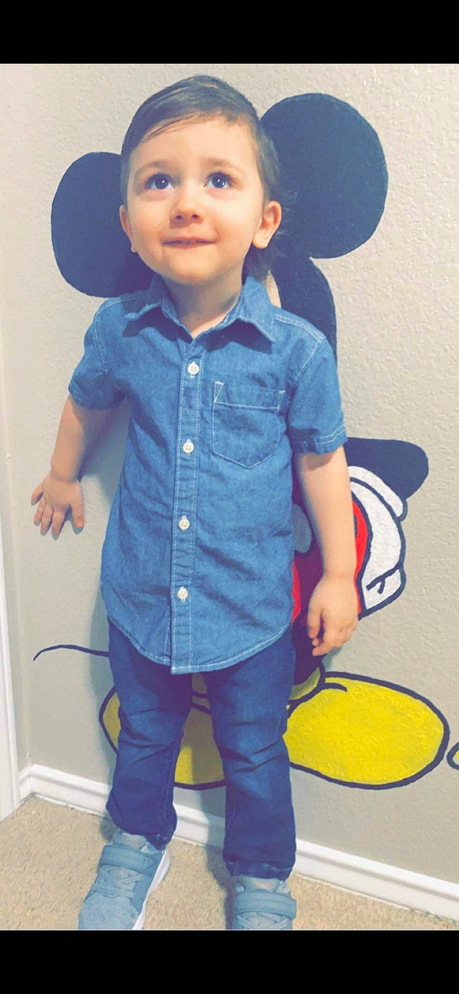 Kayden is registered to the contest to win money with this photo: azure, baby_toddler_clothing, blue, clothing, cool, doll, dress_shirt, eye, happy, jeans, joy, neck, outerwear, person, product, purple, sleeve, smile, standing, toy