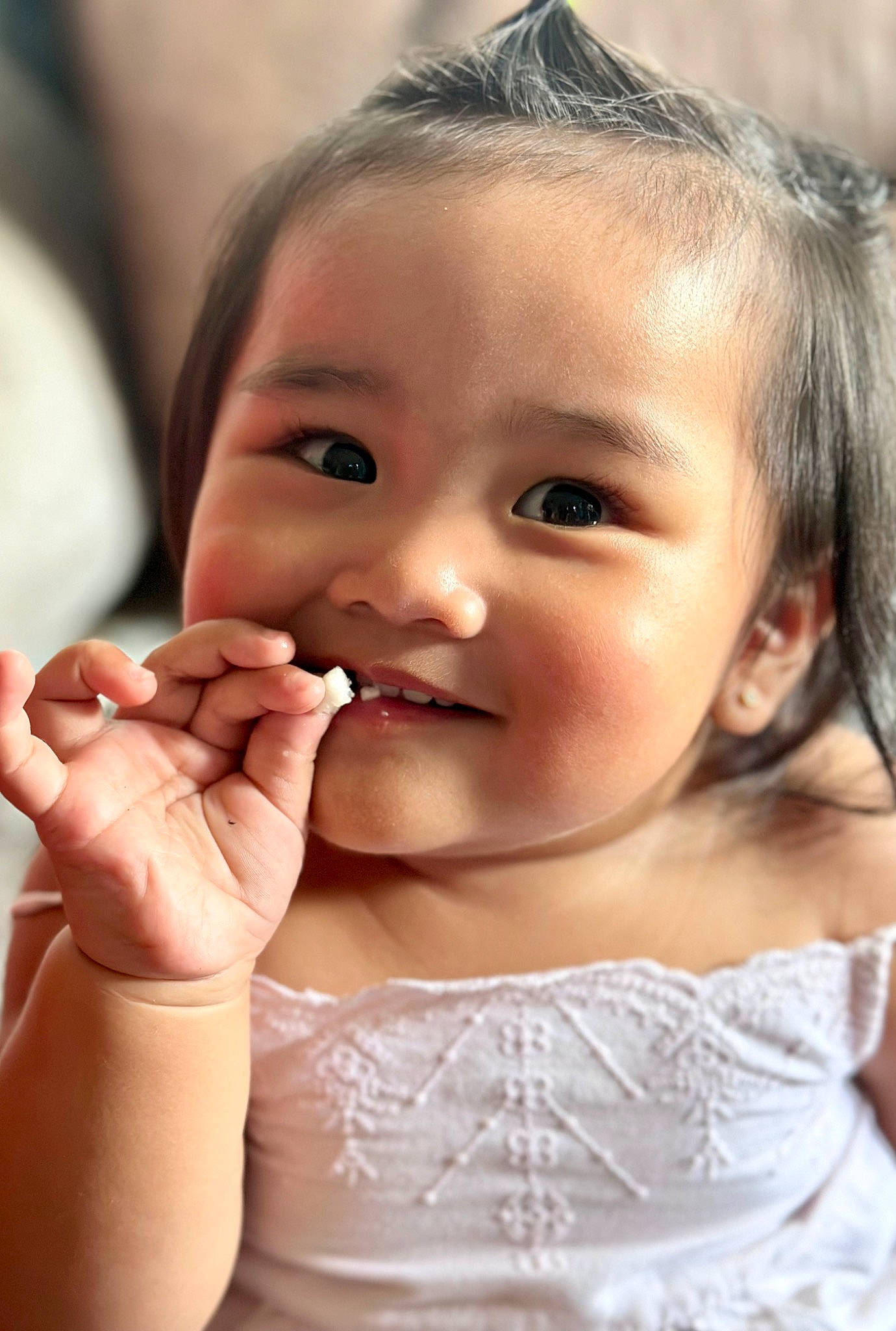 Sky joined the competition — help win amazing prizes! baby_toddler_clothing, cheek, chin, close_up, dress, eyebrow, eyelash, face, facial_expression, flash_photography, fun, gesture, happy, iris, joy, lip, mouth, nose, person, skin