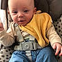 baby, infant, child, seat, straps, denim, clothing, yellow_bib, patterned_seat, cute, smiling, happy, indoor, person, young, small, face, head, hands, feet
