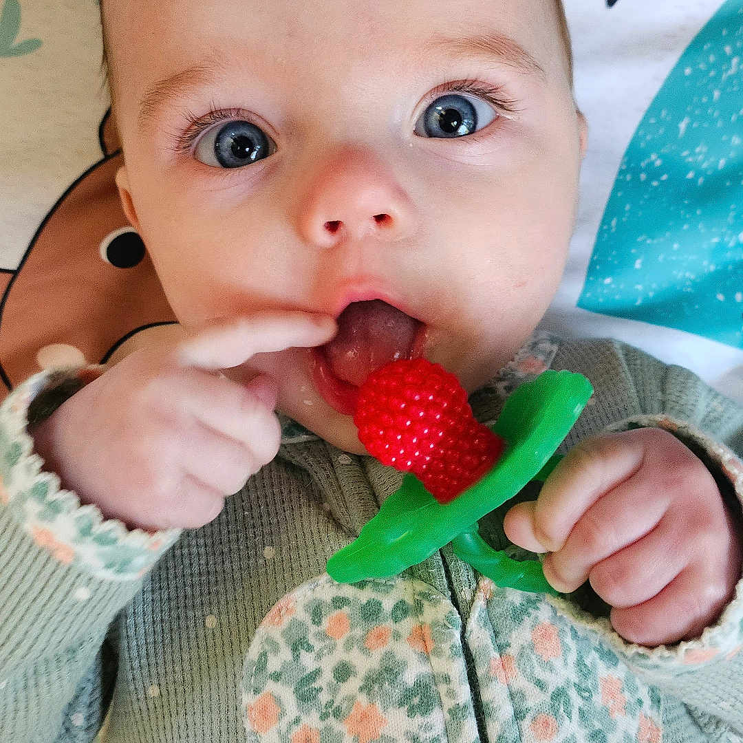 Fiona joined the competition — help win amazing prizes! baby, berry, bodypart, couch, cutlery, eating, face, finger, food, fruit, hand, head, person, photography, plant, portrait, produce, raspberry, spoon, strawberry