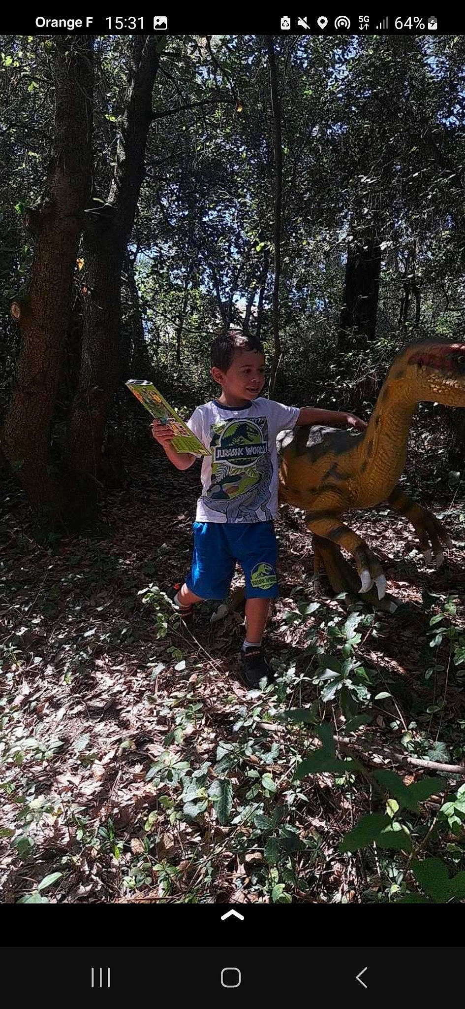 Mayron a rejoint le concours — aidez-le/la à gagner de superbes lots ! dinosaur, forest, fun, grass, jungle, leisure, natural_environment, people_in_nature, person, plant, recreation, shorts, soil, t_shirt, terrestrial_animal, terrestrial_plant, toddler, tree, trunk, wood