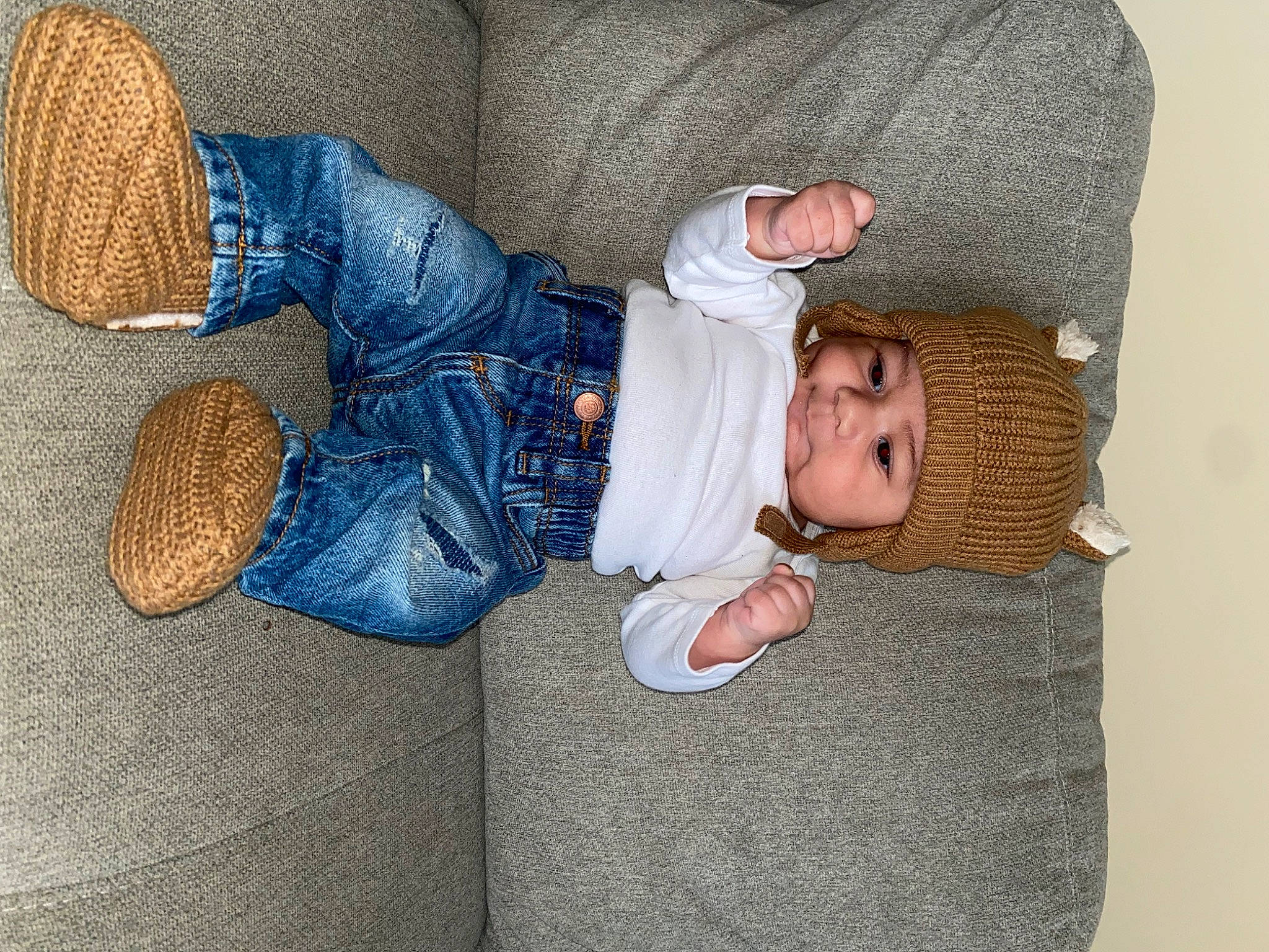 Nico joined the competition — help win amazing prizes! baby, baby_products, baby_sleeping, baby_toddler_clothing, child, comfort, denim, headgear, headwear, lap, leg, linens, nap, pattern, person, room, sitting, sleeve, sock, textile