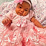 baby, pink_dress, headband, flower, blanket, patterned_blanket, infant, cute, portrait, closeup, soft_texture, satin, roses, tulle, child, sleepy, indoors, newborn, adorable, baby_girl