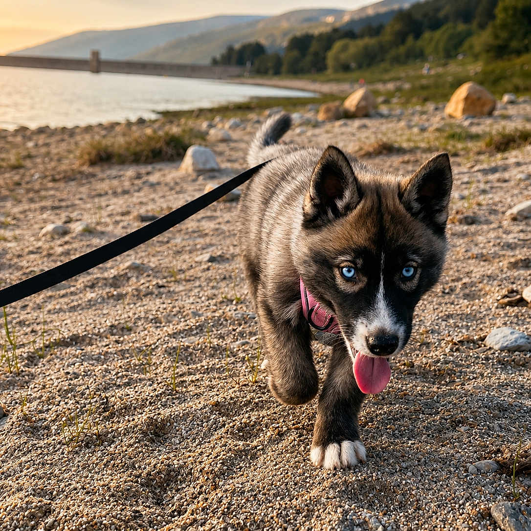 Malia a rejoint le concours — aidez-le/la à gagner de superbes lots ! puppy, dog, husky, blue_eyes, pink_collar, leash, sand, beach, rocks, water, sunset, nature, outdoor, walking, tongue_out, mountains, grass, scenic, cute, animal