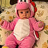 baby, child, pink_costume, dinosaur_costume, plush, cute, infant, face, eyes, cushion, floral_pattern, indoors, seated, clothing, hooded_outfit, expression, fist, soft_toy, costume, portrait