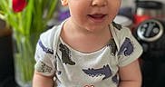 Vladimir participe au concours pour gagner de l'argent avec cette photo : baby, blurry_background, casual_clothing, child, coffee_machine, cute, dinosaur_print, flower_vase, fruit, heart_emoji, indoor, kitchen, orange, person, portrait, red_bracelet, sitting, smiling, toddler, tulips