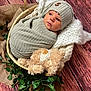 newborn, baby, wrapped, knit_hat, basket, blanket, plush_toy, teddy_bear, greenery, wooden_floor, indoor, soft_lighting, cute, infant, cozy, portrait, child, face, warm_colors, resting