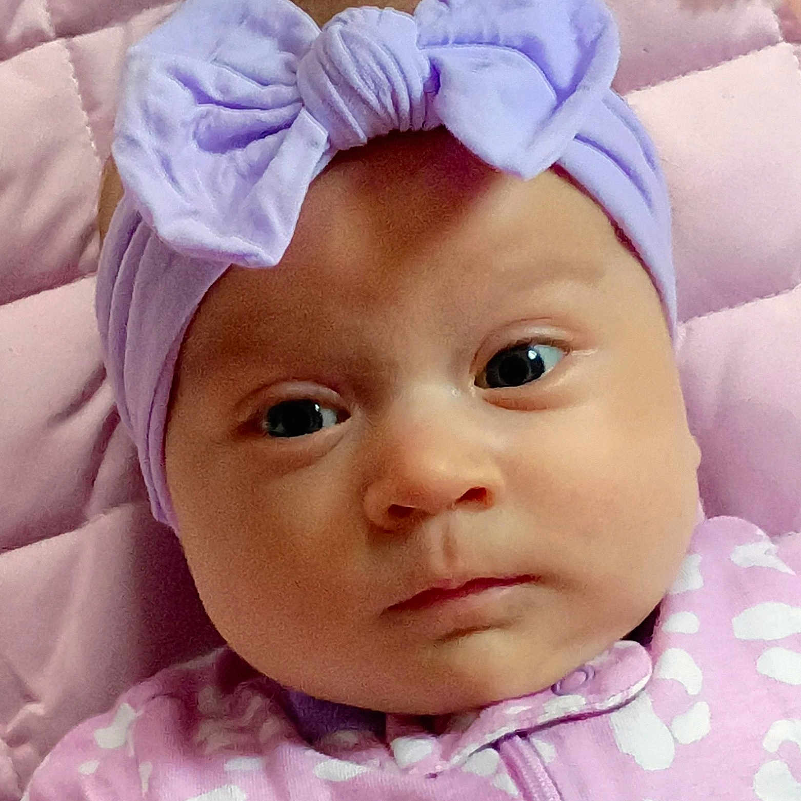 Jayca joined the competition — help win amazing prizes! baby, bow, child, closeup, cute, expression, eyes, face, headband, indoors, infant, lavender, laying, newborn, onesie, patterned_clothing, pink, portrait, quilt, soft