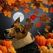 Bailey joined the competition — help win amazing prizes! dog, corgi, pumpkin, autumn_leaves, full_moon, fall, night_sky, pumpkin_patch, orange, foliage, portrait, pet, whimsical, seasonal, ears_up, looking_back, edited_background, decorative_background, cute, spooky
