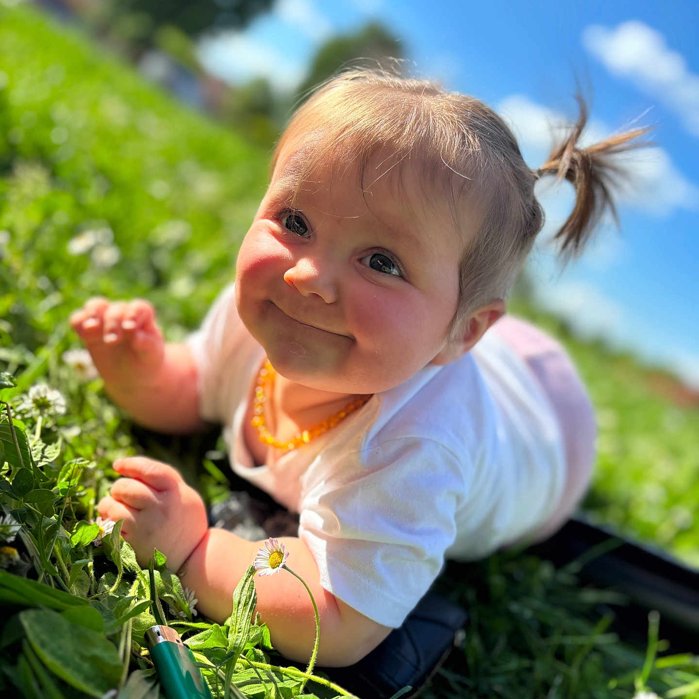 Lara participe au concours pour gagner de l'argent avec cette photo : baby, bodypart, face, finger, garden, grass, hand, happy, head, herbal, herbs, leaf, nature, outdoors, person, photography, plant, portrait, sitting, smile