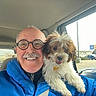 Coco joined the competition — help win amazing prizes! man, dog, pet, smiling, glasses, blue_jacket, car_interior, parking_lot, window, daylight, happy, cute, fluffy_dog, friendship, portrait, seated, vehicle, canine, adult, casual
