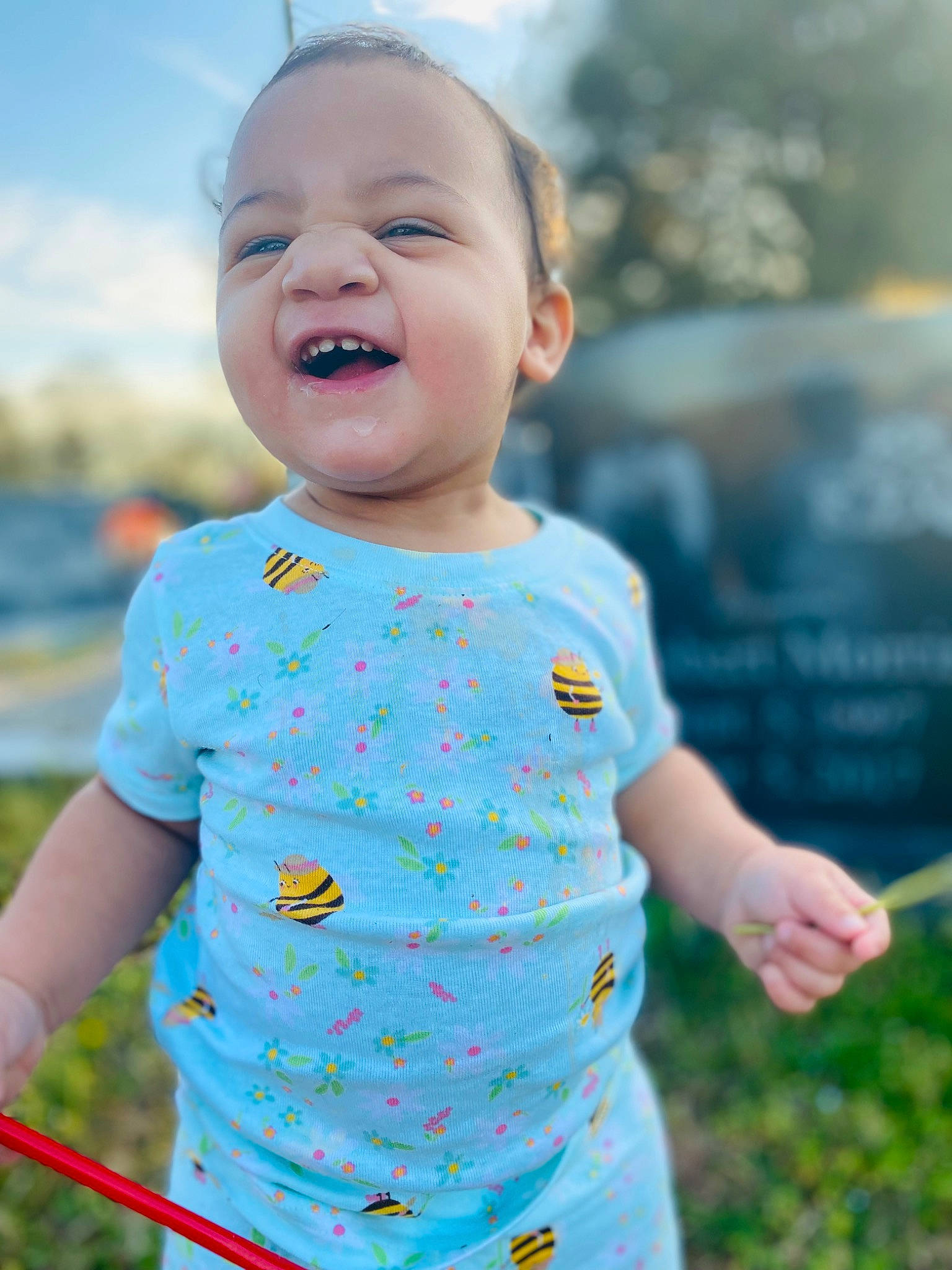 Leighton joined the competition — help win amazing prizes! azure, baby_toddler_clothing, cool, finger, fun, grass, hairstyle, happy, leisure, morning, people_in_nature, person, pink, product, skin, sky, sleeve, smile, standing, summer