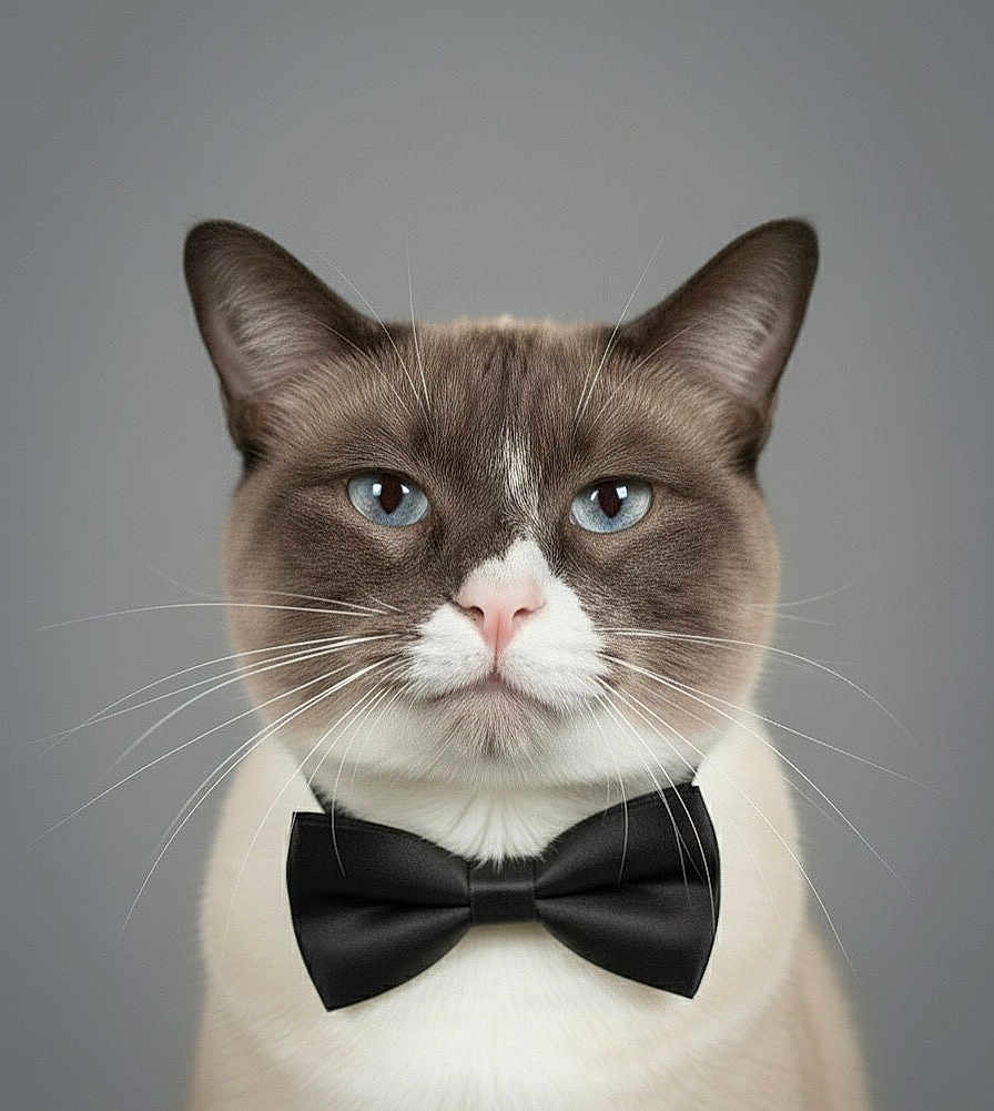 Eevee joined the competition — help win amazing prizes! animal, blue_eyes, bow_tie, cat, close_up, cute, domestic_cat, elegant, feline, formal, gray_background, groomed, indoor, mammal, pet, portrait, serious, soft_lighting, studio_photo, whiskers