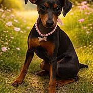 Charlie Chanel is registered to the contest to win money with this photo: dog, puppy, miniature_pinscher, outdoor, grass, wildflowers, necklace, pearl_necklace, bone_pendant, sunlight, nature, path, cute, pet, animal, sitting, portrait, spring, greenery, adorable