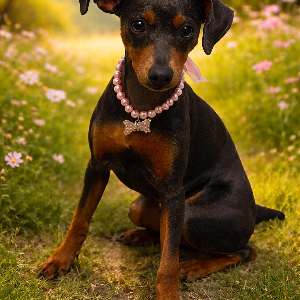 Charlie Chanel is registered to the contest to win money with this photo: adorable, animal, bone_pendant, cute, dog, grass, greenery, miniature_pinscher, nature, necklace, outdoor, path, pearl_necklace, pet, portrait, puppy, sitting, spring, sunlight, wildflowers