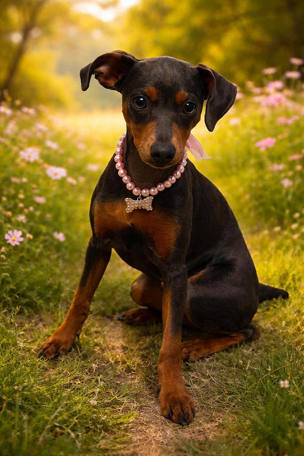 Charlie Chanel is registered to the contest to win money with this photo: dog, puppy, miniature_pinscher, outdoor, grass, wildflowers, necklace, pearl_necklace, bone_pendant, sunlight, nature, path, cute, pet, animal, sitting, portrait, spring, greenery, adorable