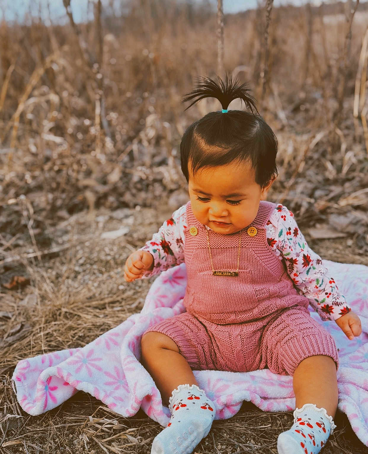 Akaialoha is registered to the contest to win money with this photo: toddler, child, baby, outdoor, blanket, pink, romper, knitted, socks, cherry_pattern, grass, nature, cute, portrait, sitting, person, young_child, hair_tie, fall, curious