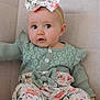 Alya participe au concours pour gagner de l'argent avec cette photo : baby, child, infant, headband, floral, green_clothing, knitted, pants, sitting, chair, beige, cute, portrait, face, eyes, expression, indoors, fashion, adorable, young