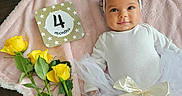 Emilia joined the competition — help win amazing prizes! baby, infant, girl, tutu, headband, pink_blanket, yellow_roses, milestone_card, floor, smile, white_clothing, socks, flower, cute, lying_down, portrait, decor, celebration, child, adorable