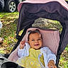 Emilia joined the competition — help win amazing prizes! baby, child, stroller, yellow_dress, white_cardigan, smile, happy, outdoor, sunlight, greenery, tree, car, parked_car, grass, blanket, infant, cute, face, person, daytime
