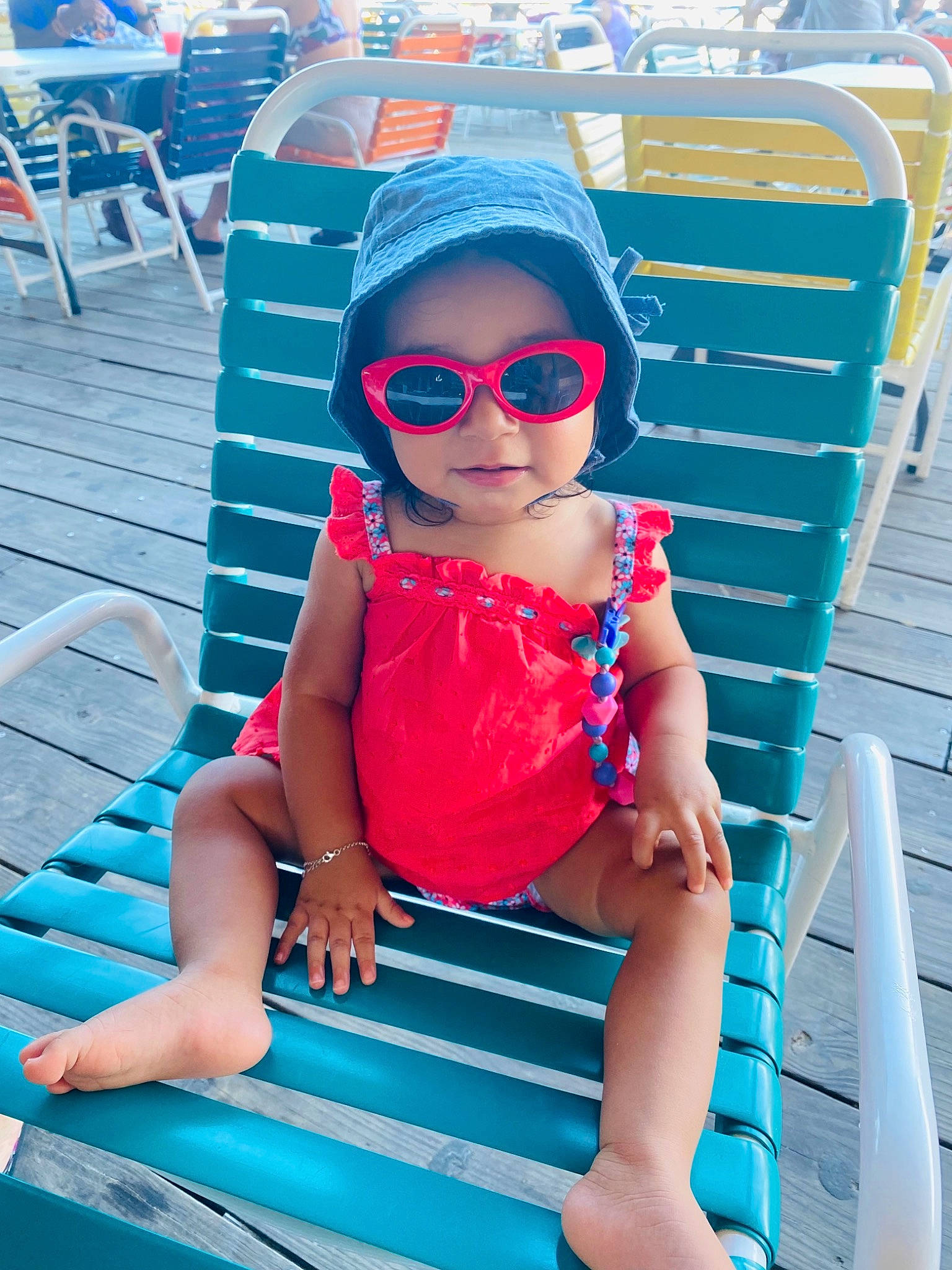 Ailani joined the competition — help win amazing prizes! aqua, azure, baby_toddler_clothing, blue, electric_blue, eyewear, fun, glasses, goggles, happy, headwear, leisure, outdoor_furniture, person, product, recreation, summer, sunglasses, thigh, toddler