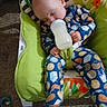 baby, sleeping, bottle, pajamas, child, infant, seat, cushion, pattern, milk, cookie, clothing, indoor, carpet, toy, hand, face, head, comfort, nap