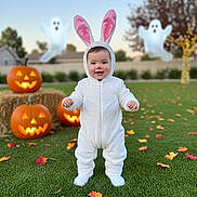 Allison is registered to the contest to win money with this photo: child, toddler, costume, bunny, halloween, pumpkin, jack_o_lantern, grass, leaves, outdoor, holiday, cute, face_paint, ghost_decoration, autumn, smile, daylight, yard, festive, playful