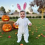 child, toddler, costume, bunny, halloween, pumpkin, jack_o_lantern, grass, leaves, outdoor, holiday, cute, face_paint, ghost_decoration, autumn, smile, daylight, yard, festive, playful