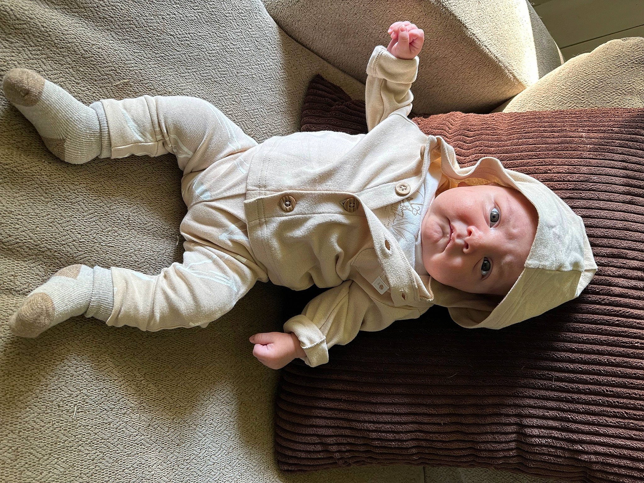 Damien joined the competition — help win amazing prizes! baby, baby_products, baby_sleeping, baby_toddler_clothing, cheek, child, comfort, flooring, foot, gesture, happy, headwear, human_body, leg, linens, nap, person, sitting, sleeve, sock