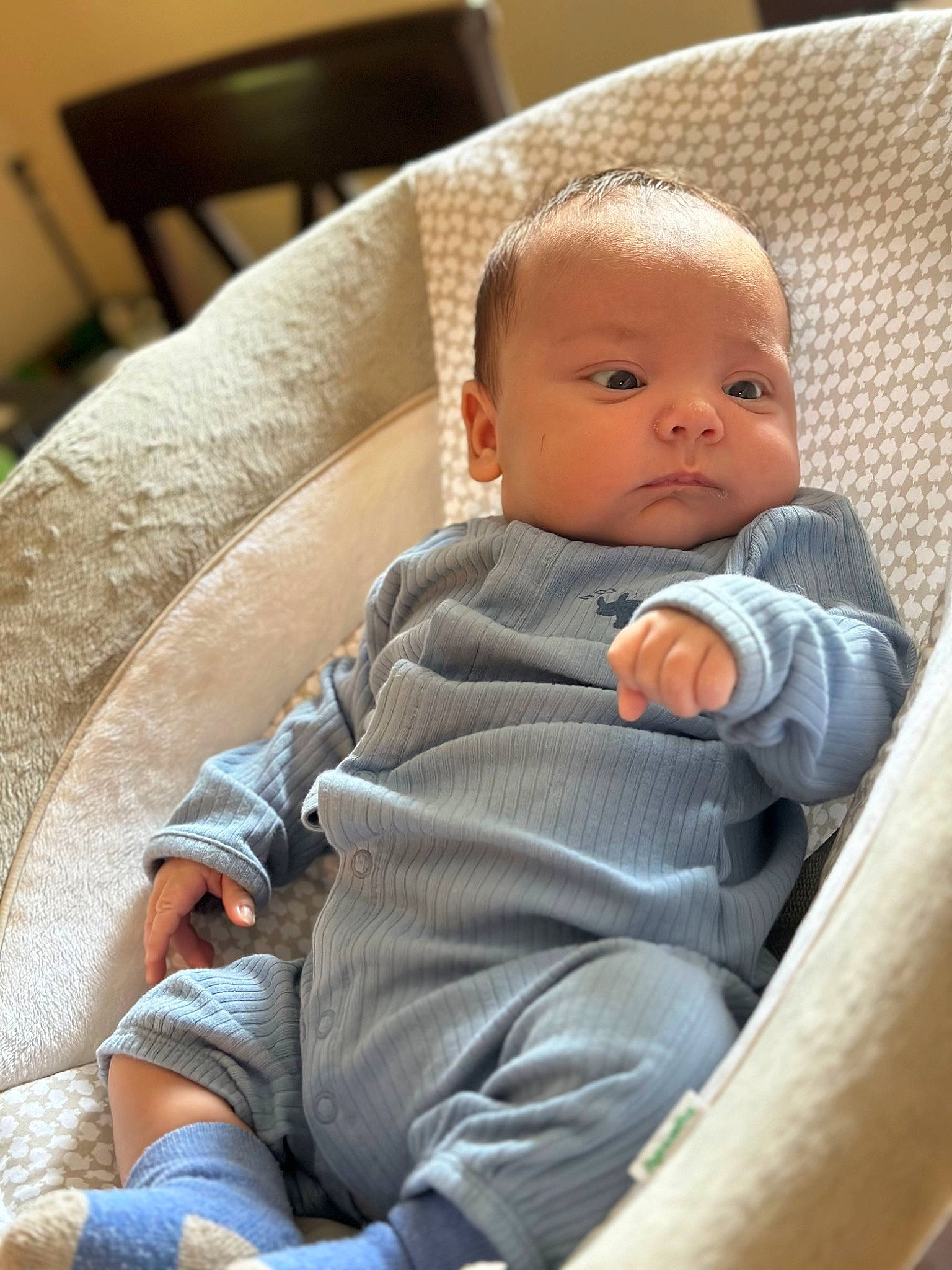 Damien joined the competition — help win amazing prizes! baby, baby_carriage, baby_products, baby_toddler_clothing, chair, cheek, child, circle, comfort, fun, human_leg, lap, person, sitting, skin, toddler, wood