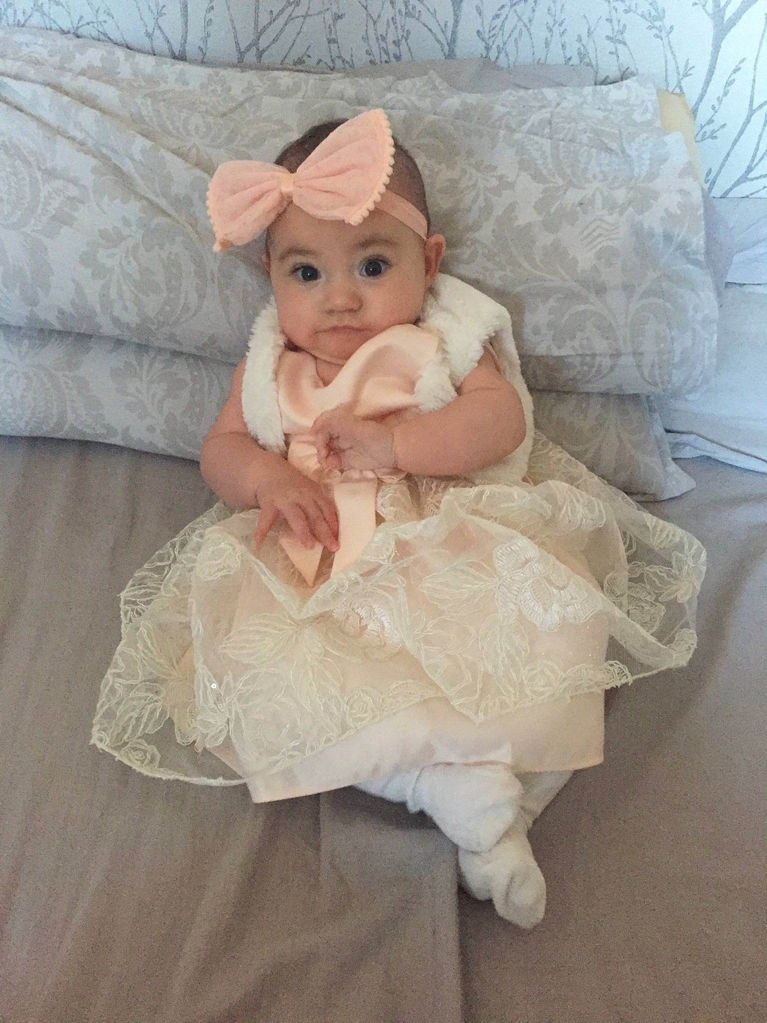 Lillith joined the competition — help win amazing prizes! baby, beige, child, costume, doll, dress, fawn, figurine, person, pink, skin, toddler, toy, white