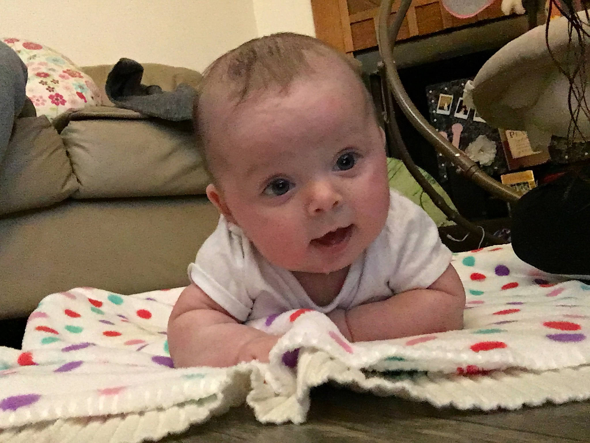 Aspen joined the competition — help win amazing prizes! baby, cheek, child, ear, eye, face, head, lip, mouth, nose, person, play, product, room, sitting, skin, surprise, toddler, tummy_time