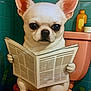 absurd, animal, bathroom, cartoon, dog, ears, funny, humor, illustration, indoor, newspaper, orange_toilet, plant, pot_plant, reading, sitting, tile_wall, toilet, toilet_paper, white_dog