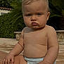 baby, building, child, diaper, face, foot, greenery, hand, nature, outdoor, plump, poolside, pout, serious, sitting, skin, summer, sunlight, toddlers, water