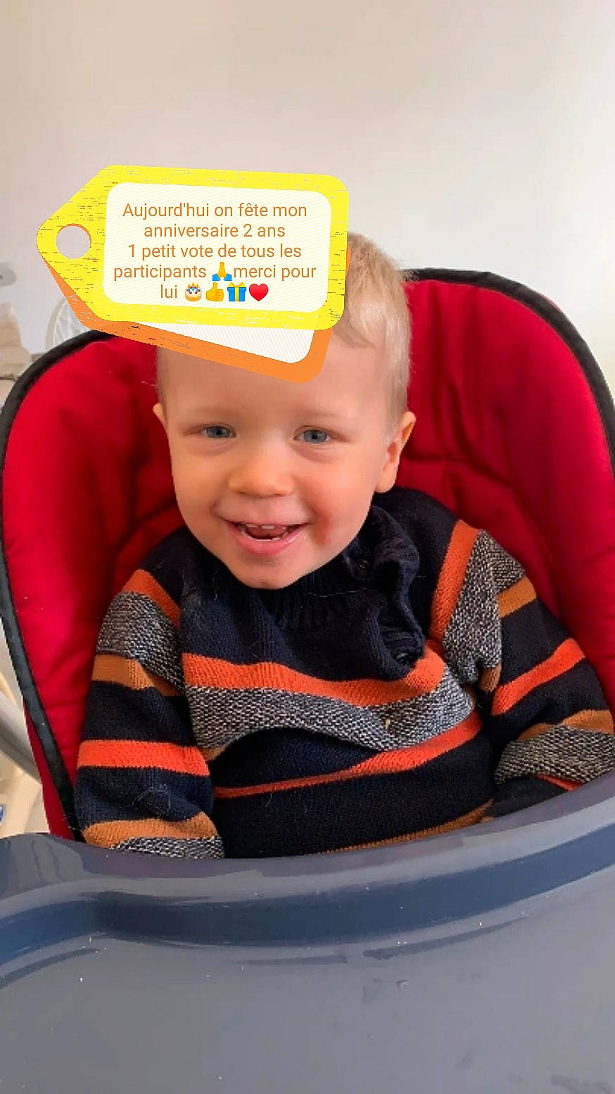 Hugo a rejoint le concours — aidez-le/la à gagner de superbes lots ! baby, baby_carriage, baby_products, baby_toddler_clothing, cheek, child, comfort, eye, fun, hairstyle, happy, headwear, iris, joy, mammal, mouth, nose, orange, person, skin