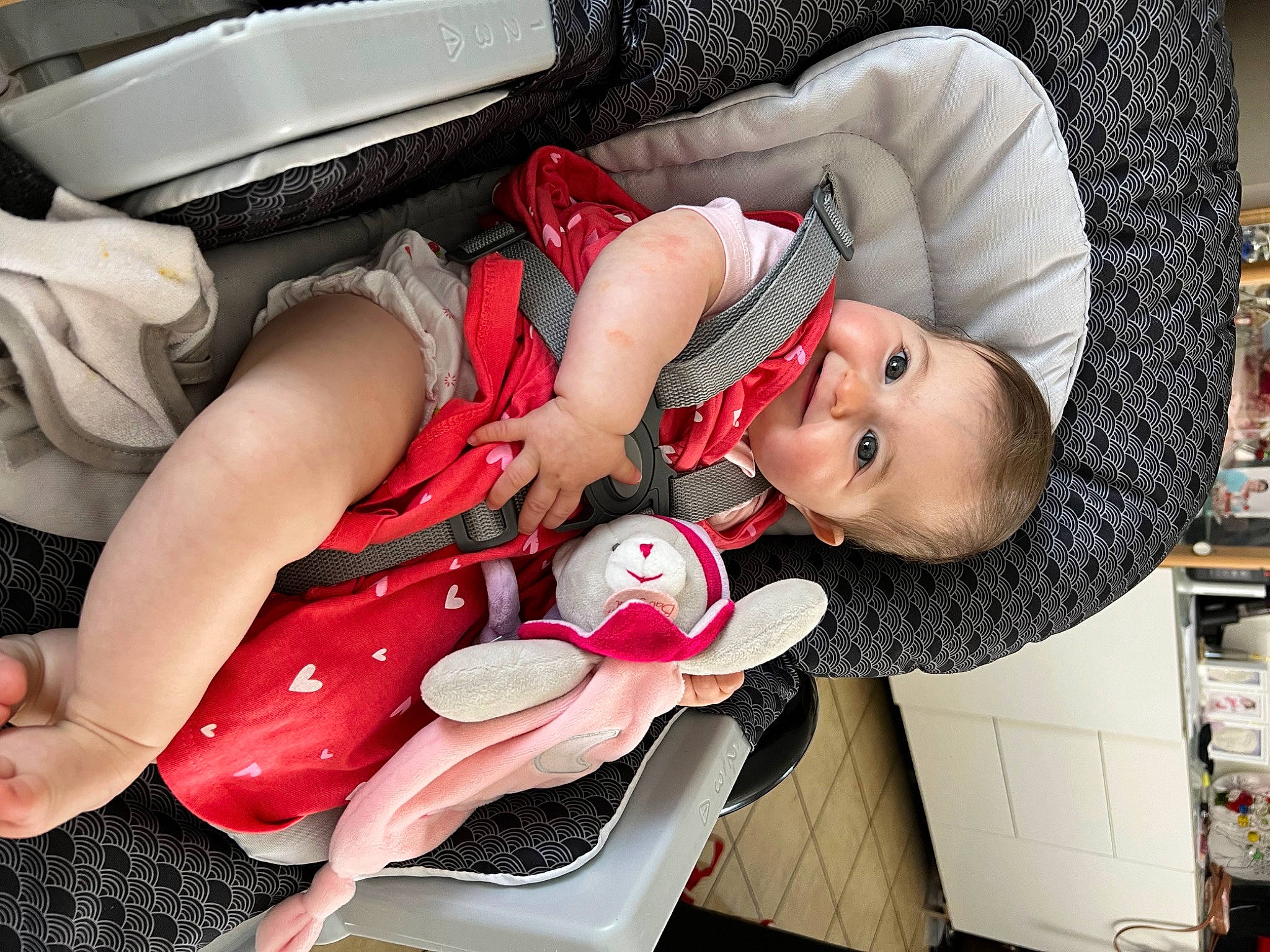 Océane participe au concours pour gagner de l'argent avec cette photo : baby, baby_carriage, baby_products, baby_safety, baby_toddler_clothing, carmine, child, comfort, elbow, human_leg, knee, lap, mouth, pattern, person, sitting, smile, thigh, toddler, trunk