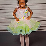 Layla is registered to the contest to win money with this photo: child, girl, smiling, dress, colorful, tutu, posing, happy, curly_hair, flower_hair_accessory, tights, ballet_shoes, studio, portrait, standing, confident, cute, fashion, young, background
