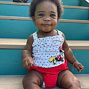 Oaklynn joined the competition — help win amazing prizes! baby, child, stairs, sitting, smiling, polka_dot, red_shorts, white_top, minnie_mouse, bracelet, necklace, curly_hair, outdoor, sunlight, happy, cute, person, portrait, skin, footwear