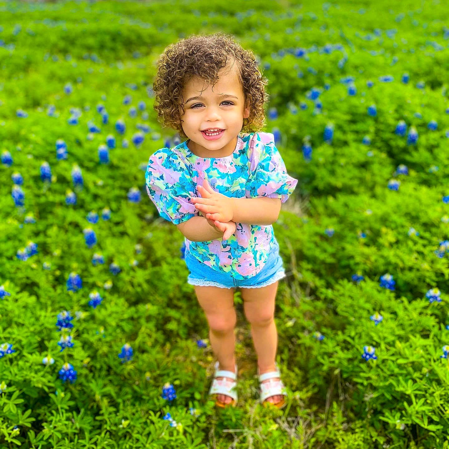 Nora joined the competition — help win amazing prizes! azure, baby_toddler_clothing, flower, grass, grassland, groundcover, happy, joy, meadow, morning, natural_environment, people_in_nature, person, petal, plant, shorts, smile, summer, sunlight, t_shirt