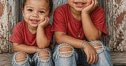 Raymason is registered to the contest to win money with this photo: casual_clothing, child, curly_hair, cute, door, fashion, happy, matching_outfits, outdoor, playful, portrait, red_shirt, ripped_jeans, rustic, siblings, sitting, smiling, sneakers, toddler, wooden_steps