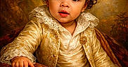 Raymason is registered to the contest to win money with this photo: baby, child, classical_background, curly_hair, decorative, expression, eyes, face, gold_embroidery, hands, indoor, lace, photography, plush, portrait, red_cushion, sitting, toddler, vintage_clothing, website_text