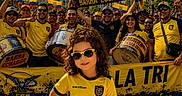 Kyla is registered to the contest to win money with this photo: child, crowd, flag, football_fan, yellow_jersey, sunglasses, drum, cityscape, sky, street, banner, group, smile, celebration, hat, people, urban, outdoor, festival, team_spirit