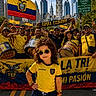 child, crowd, flag, football_fan, yellow_jersey, sunglasses, drum, cityscape, sky, street, banner, group, smile, celebration, hat, people, urban, outdoor, festival, team_spirit