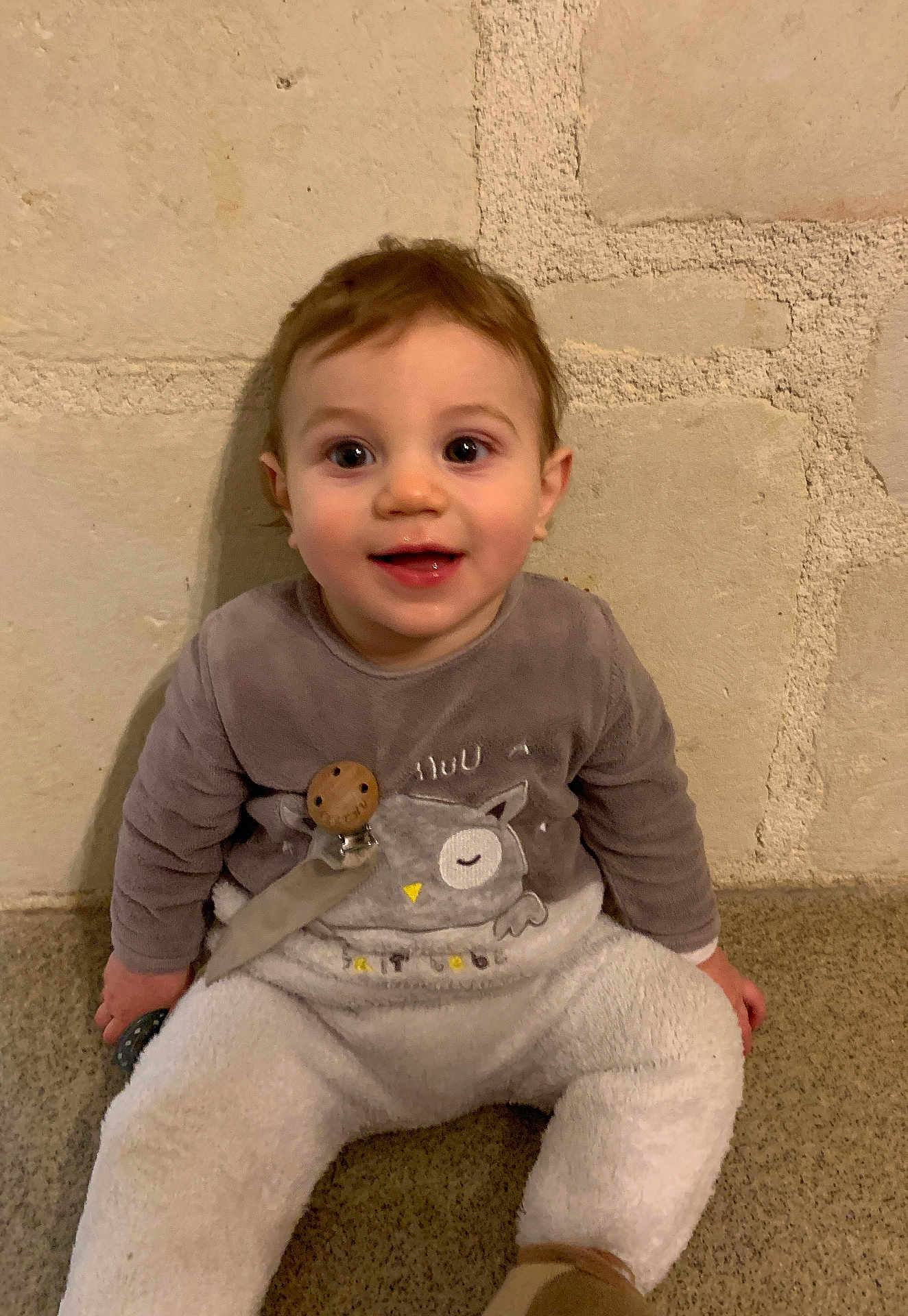Nolan participe au concours pour gagner de l'argent avec cette photo : toddler, child, smiling, pajamas, owl, pacifier_clip, sitting, stone_wall, indoor, happy, face, cute, baby, person, clothing, footwear, cozy, infant, young_child, portrait