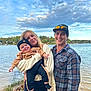 River is registered to the contest to win money with this photo: baby, child, adult, family, smile, outdoor, lake, water, sky, cloud, grass, hat, jacket, sweater, plaid_shirt, person, nature, happy, casual_clothing, people