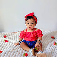 Luvella joined the competition — help win amazing prizes! toddler, child, baby, red_headband, red_top, denim_shorts, white_sandals, strawberries, blanket, indoor, cute, sitting, looking, curious, infant, fashion, accessories, portrait, young_child, soft_texture